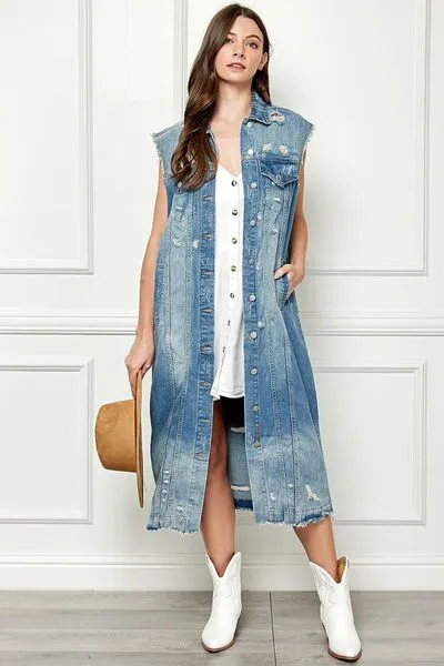 Distressed Sleeveless Longline Denim Vest