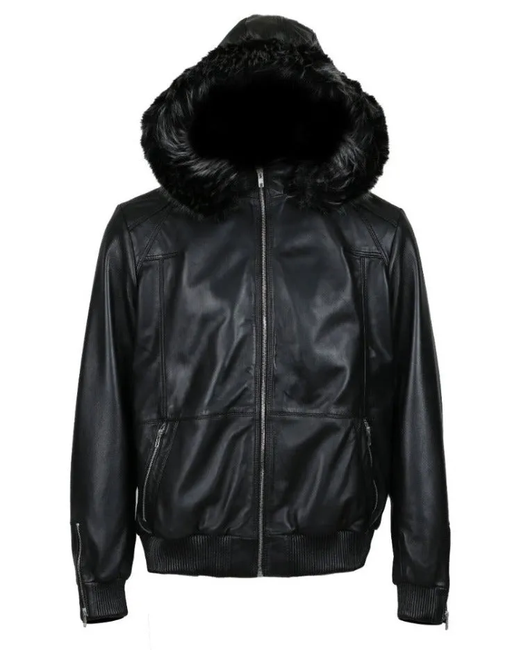 Fargo Men's Silver Fox Fur Hooded Leather Jacket