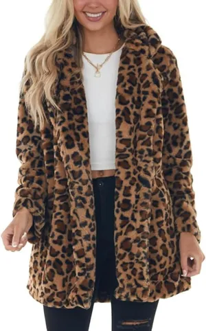 Faux Fur Brown Leopard Animal Print Long Sleeve Winter Coat