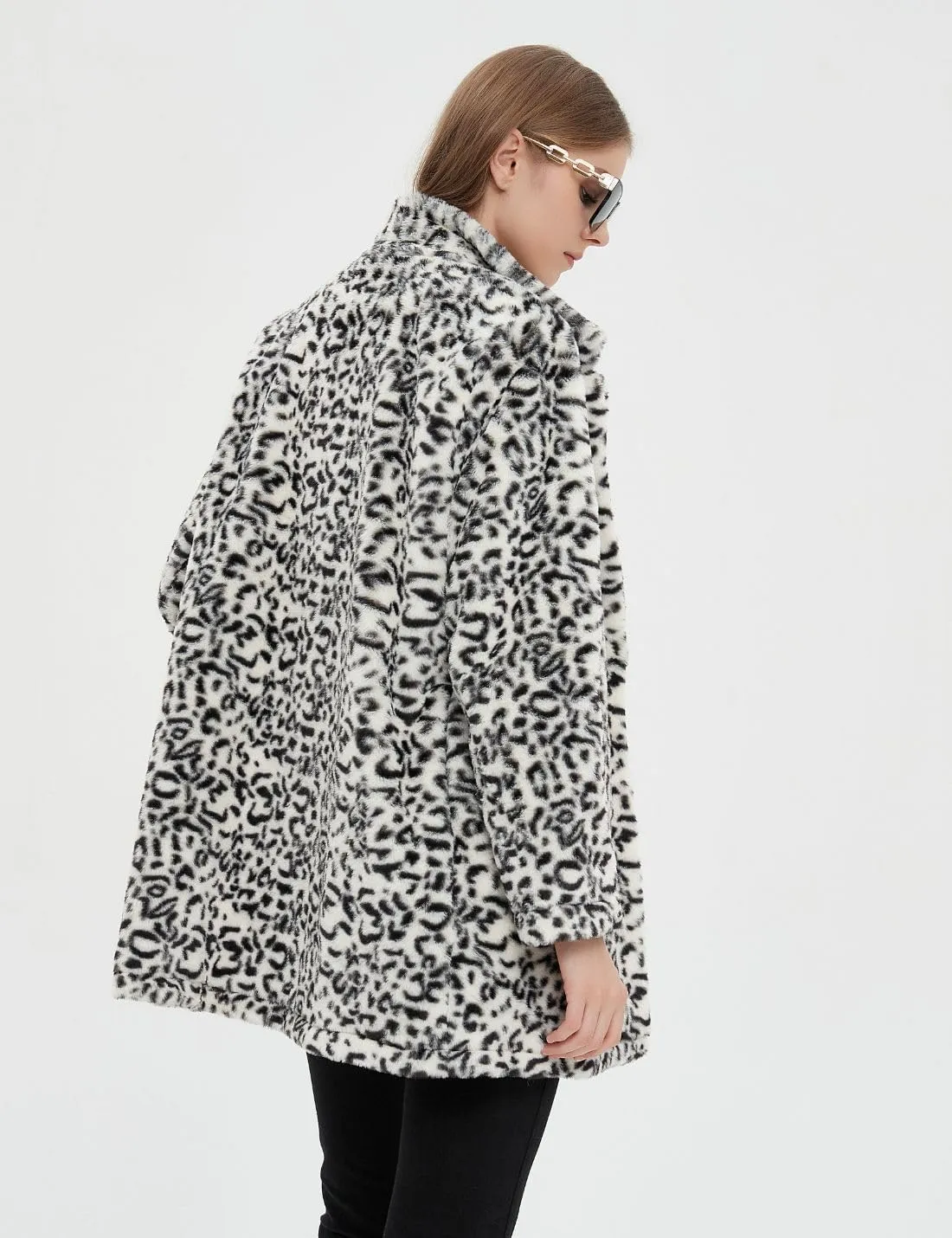 Faux Fur Brown Leopard Animal Print Long Sleeve Winter Coat