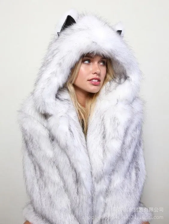 Faux Fur Coat Ears Hooded Plush Jacket