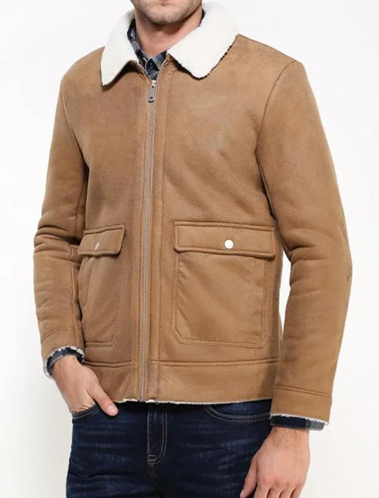 Floyd Faux Suede Fur Lined Aviator Jacket in Camel