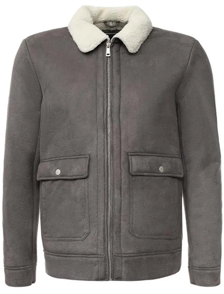 Floyd Faux Suede Fur Lined Aviator Jacket in Grey