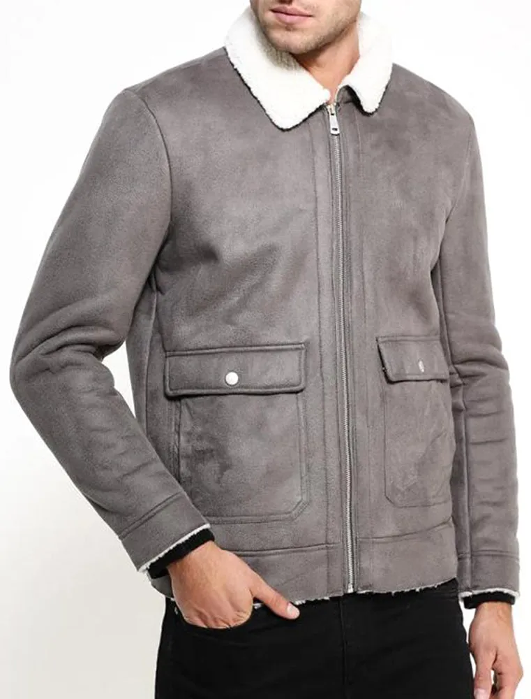 Floyd Faux Suede Fur Lined Aviator Jacket in Grey