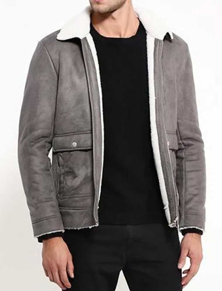 Floyd Faux Suede Fur Lined Aviator Jacket in Grey