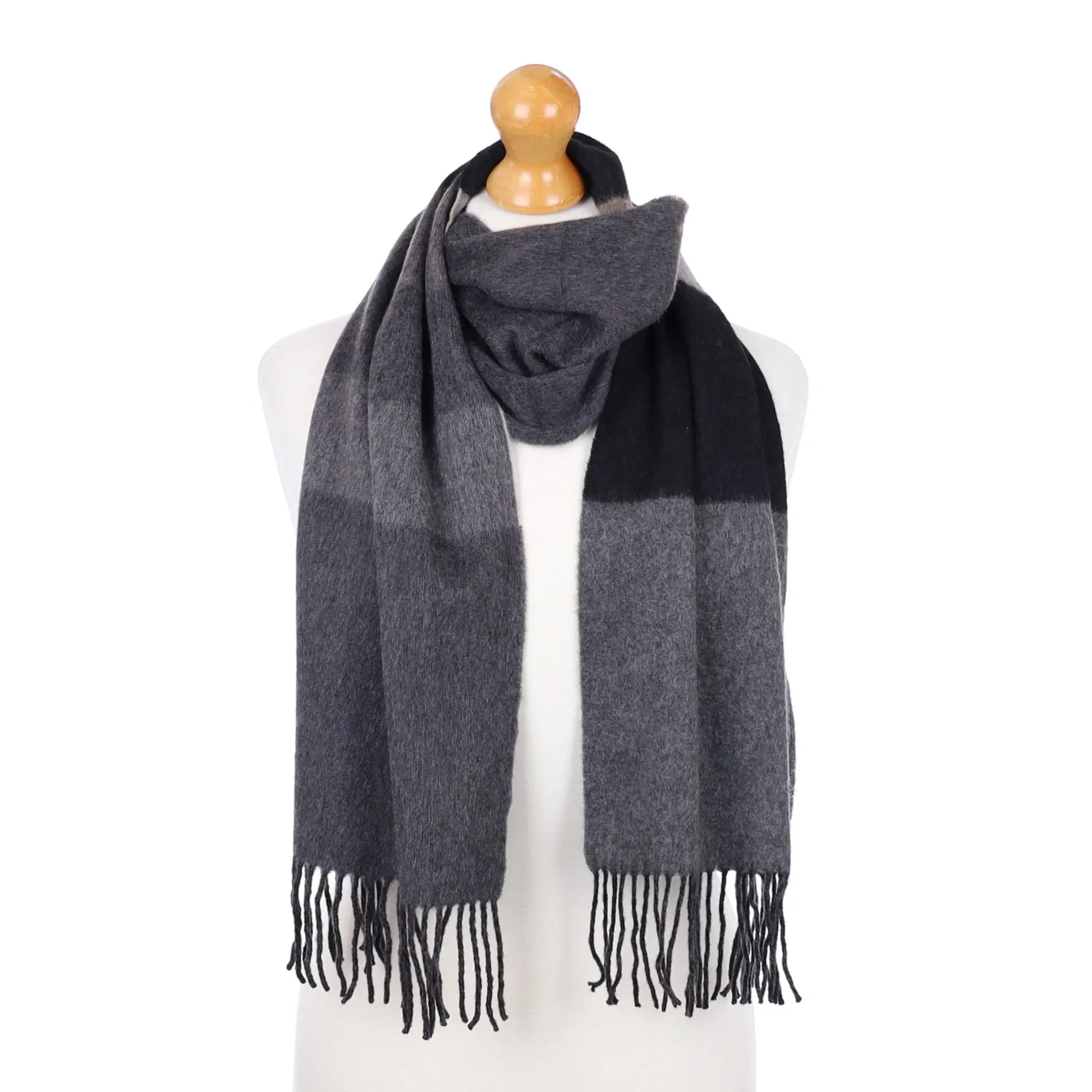 Grey Colour Block Fringed Cashmere Woven Scarf