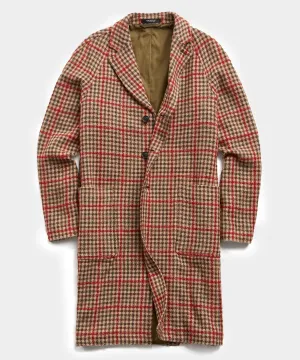 Italian Tweed Wool Raglan Windowpane Topcoat in Red