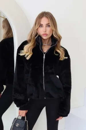 Ivy black faux fur bomber jacket