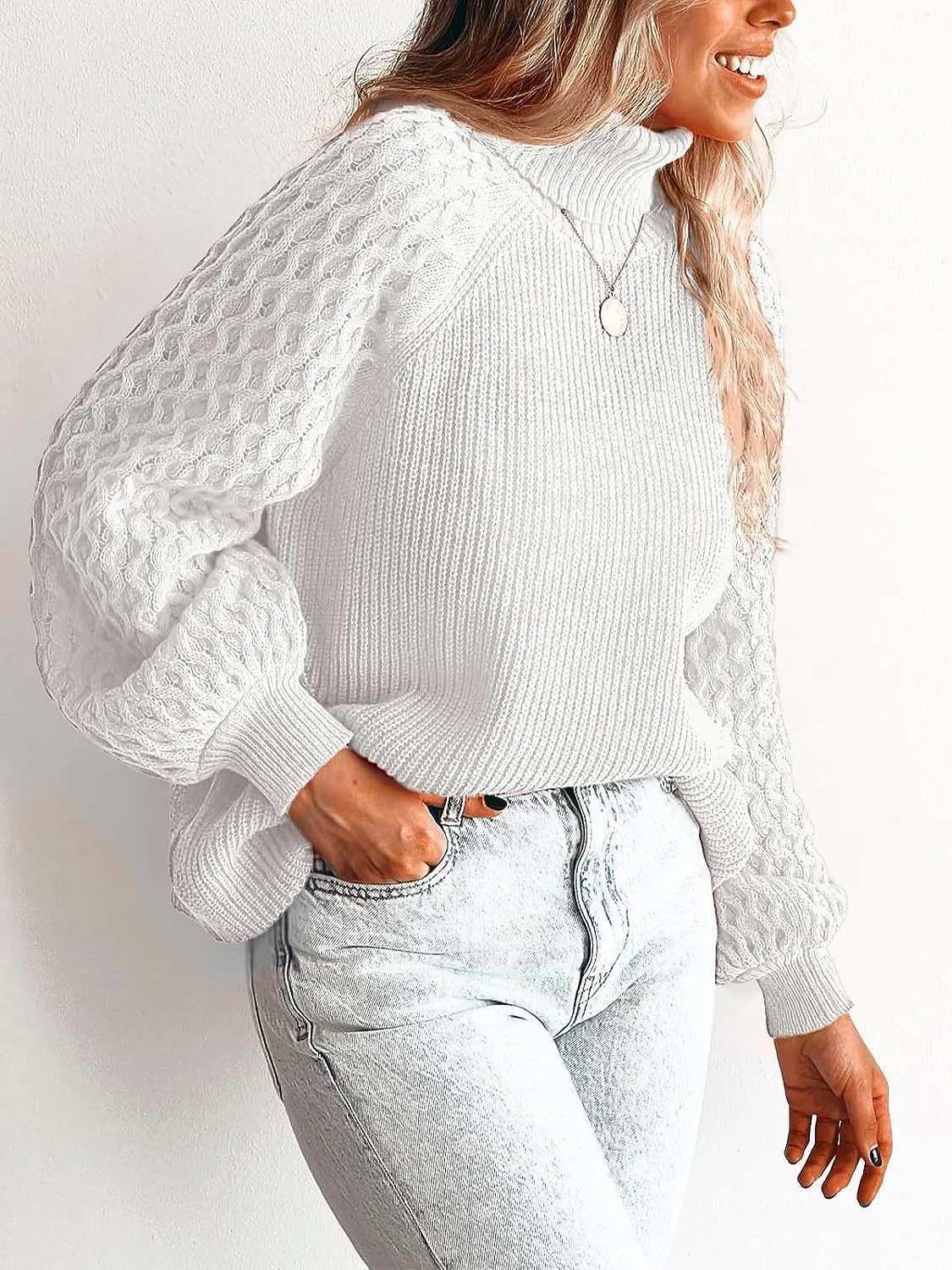 Ivyshape | Chunky Warm Turtleneck Cable Knit Lantern Sleeve Pullover Sweater