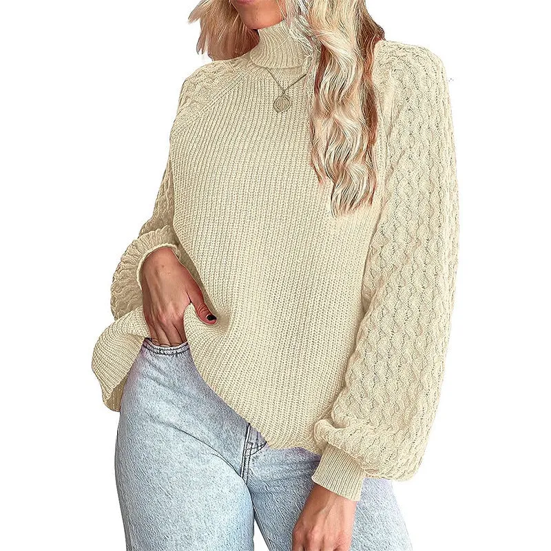 Ivyshape | Chunky Warm Turtleneck Cable Knit Lantern Sleeve Pullover Sweater