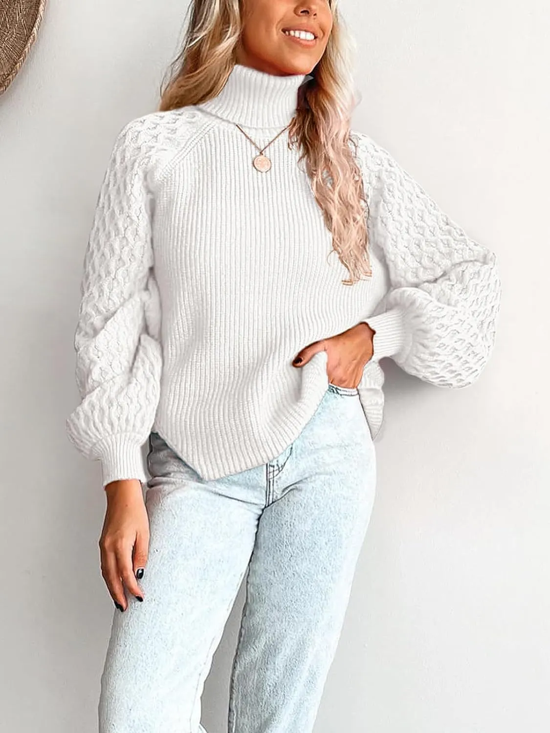 Ivyshape | Chunky Warm Turtleneck Cable Knit Lantern Sleeve Pullover Sweater