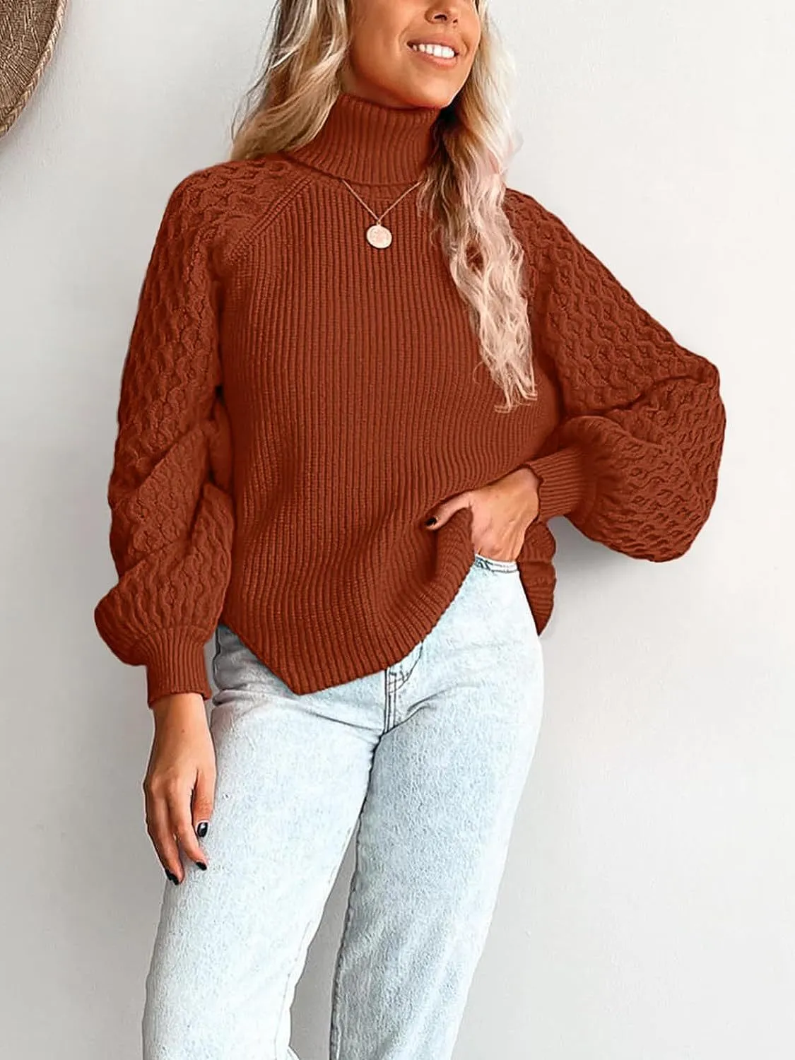 Ivyshape | Chunky Warm Turtleneck Cable Knit Lantern Sleeve Pullover Sweater