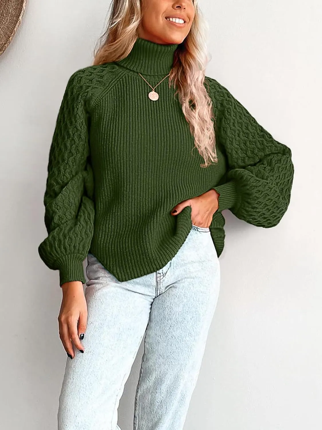 Ivyshape | Chunky Warm Turtleneck Cable Knit Lantern Sleeve Pullover Sweater