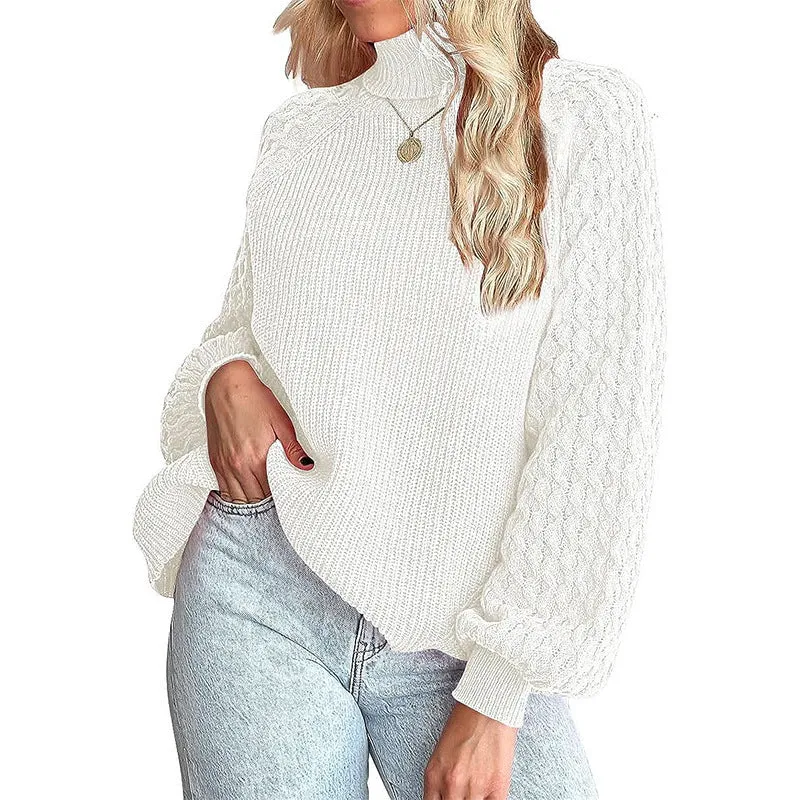 Ivyshape | Chunky Warm Turtleneck Cable Knit Lantern Sleeve Pullover Sweater