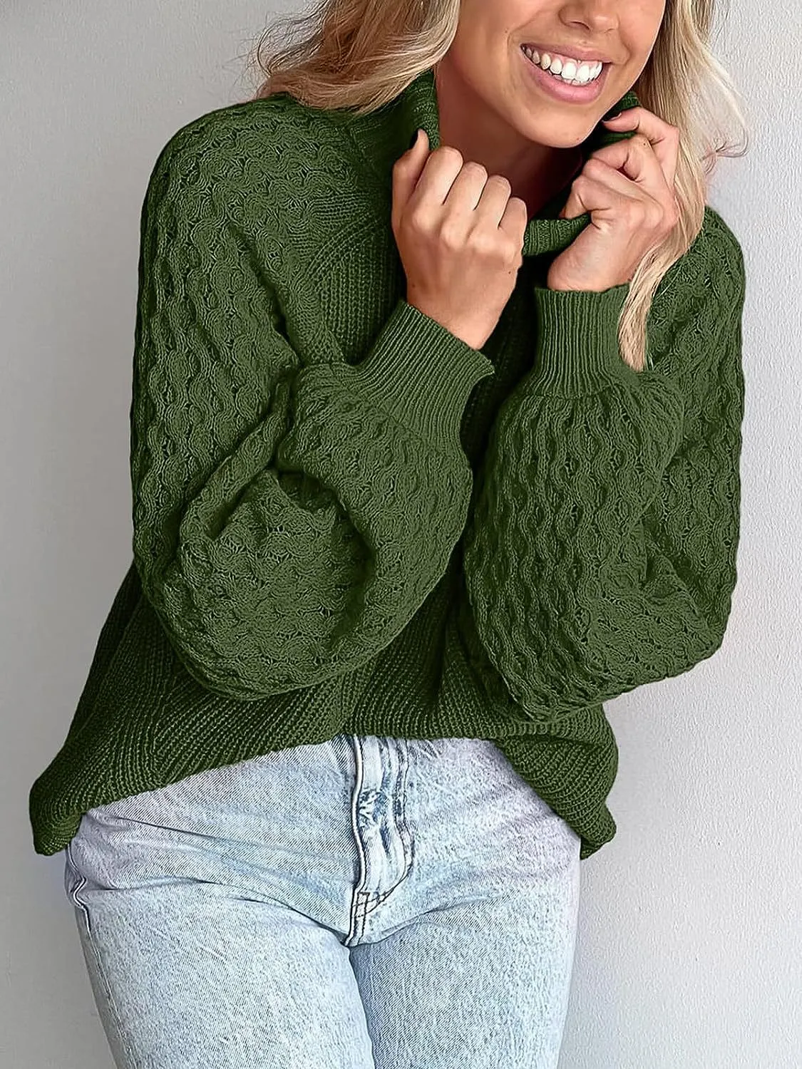 Ivyshape | Chunky Warm Turtleneck Cable Knit Lantern Sleeve Pullover Sweater