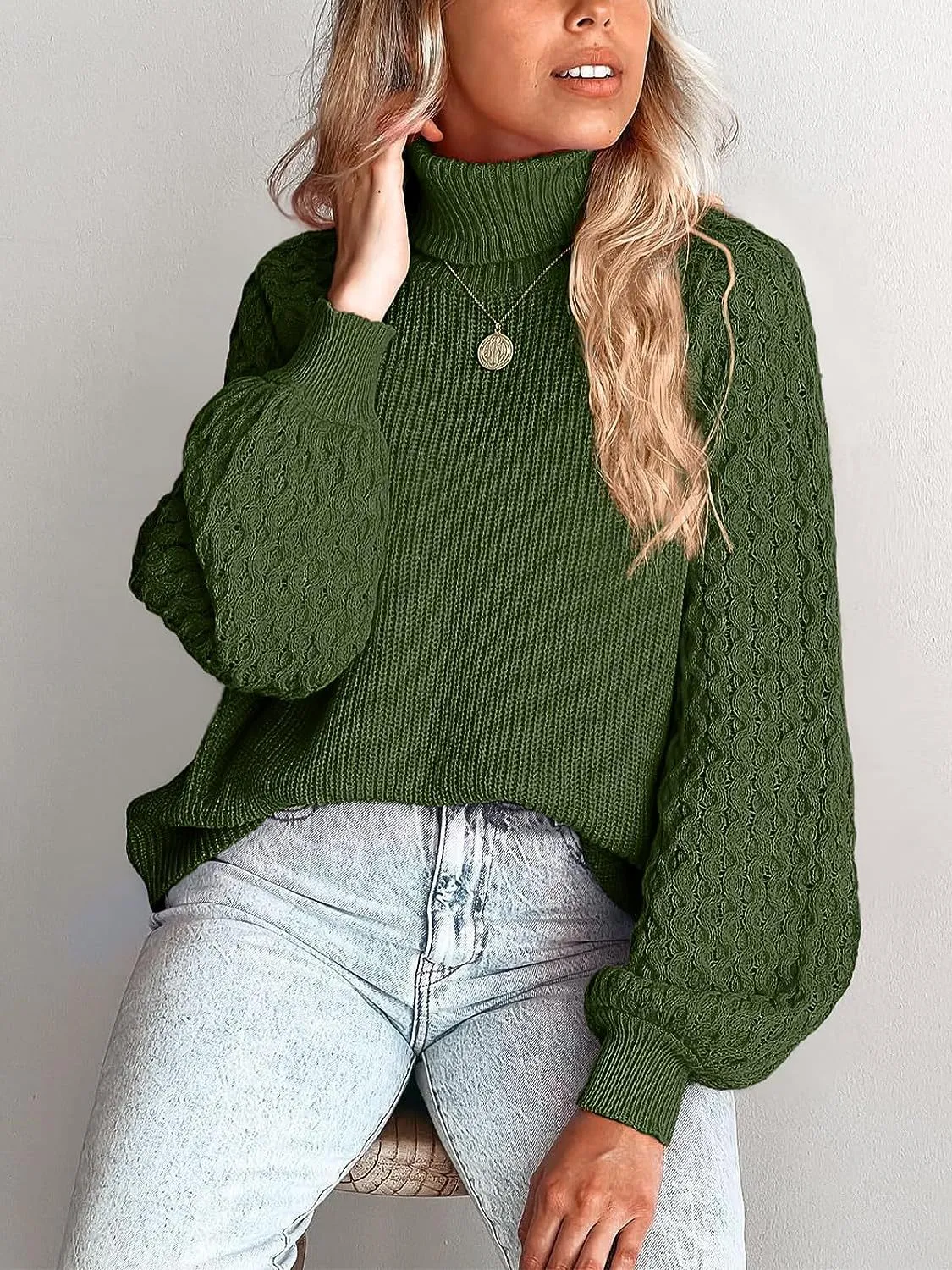 Ivyshape | Chunky Warm Turtleneck Cable Knit Lantern Sleeve Pullover Sweater