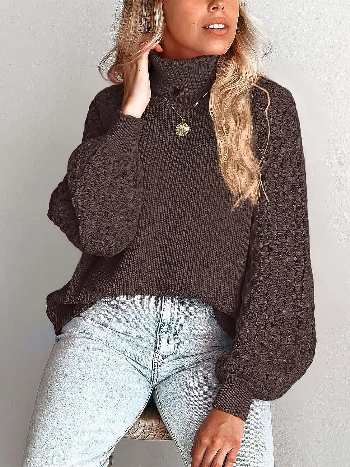 Ivyshape | Chunky Warm Turtleneck Cable Knit Lantern Sleeve Pullover Sweater