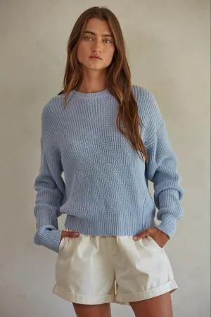 Knit Cotton Sweater Ribbed Long Sleeve Pullover Top  Light Blue