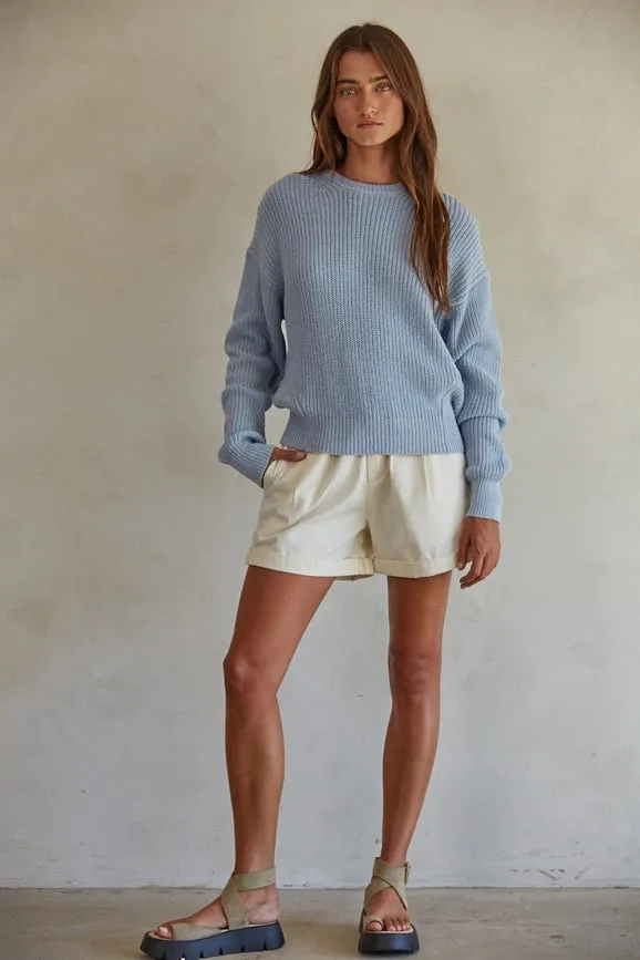 Knit Cotton Sweater Ribbed Long Sleeve Pullover Top  Light Blue