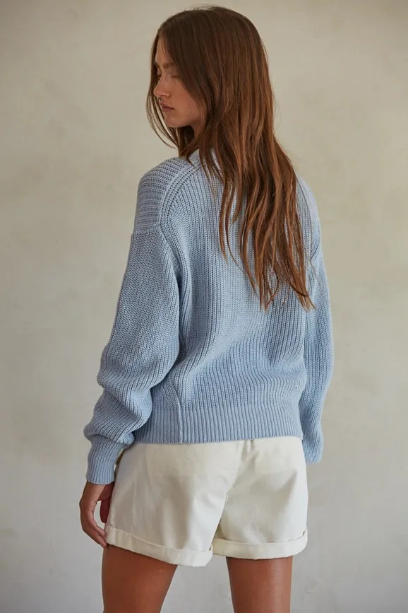 Knit Cotton Sweater Ribbed Long Sleeve Pullover Top  Light Blue