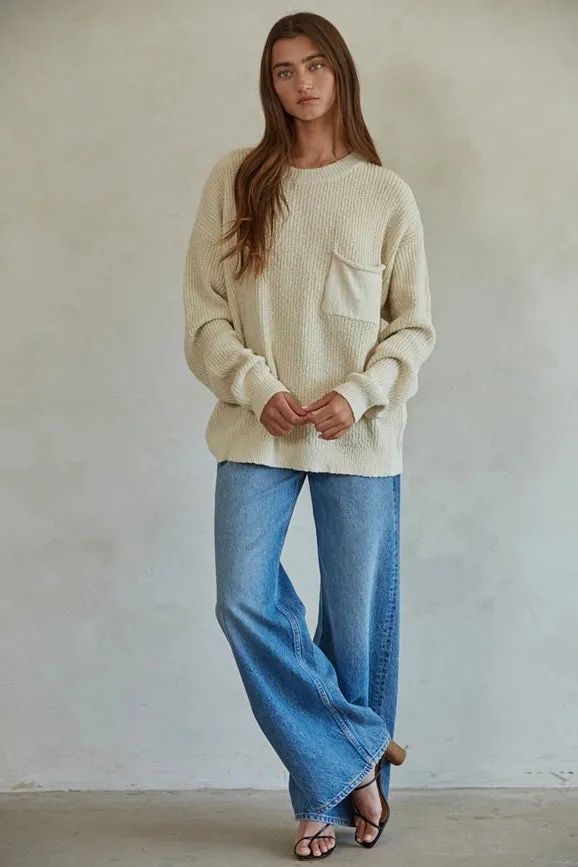 Knit Cotton Sweater Ribbed Pullover Top Natural