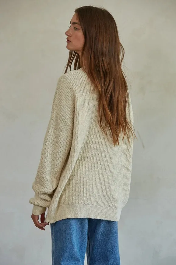 Knit Cotton Sweater Ribbed Pullover Top Natural