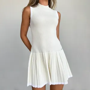 Knitted High Neck Pleated Dress - Cream