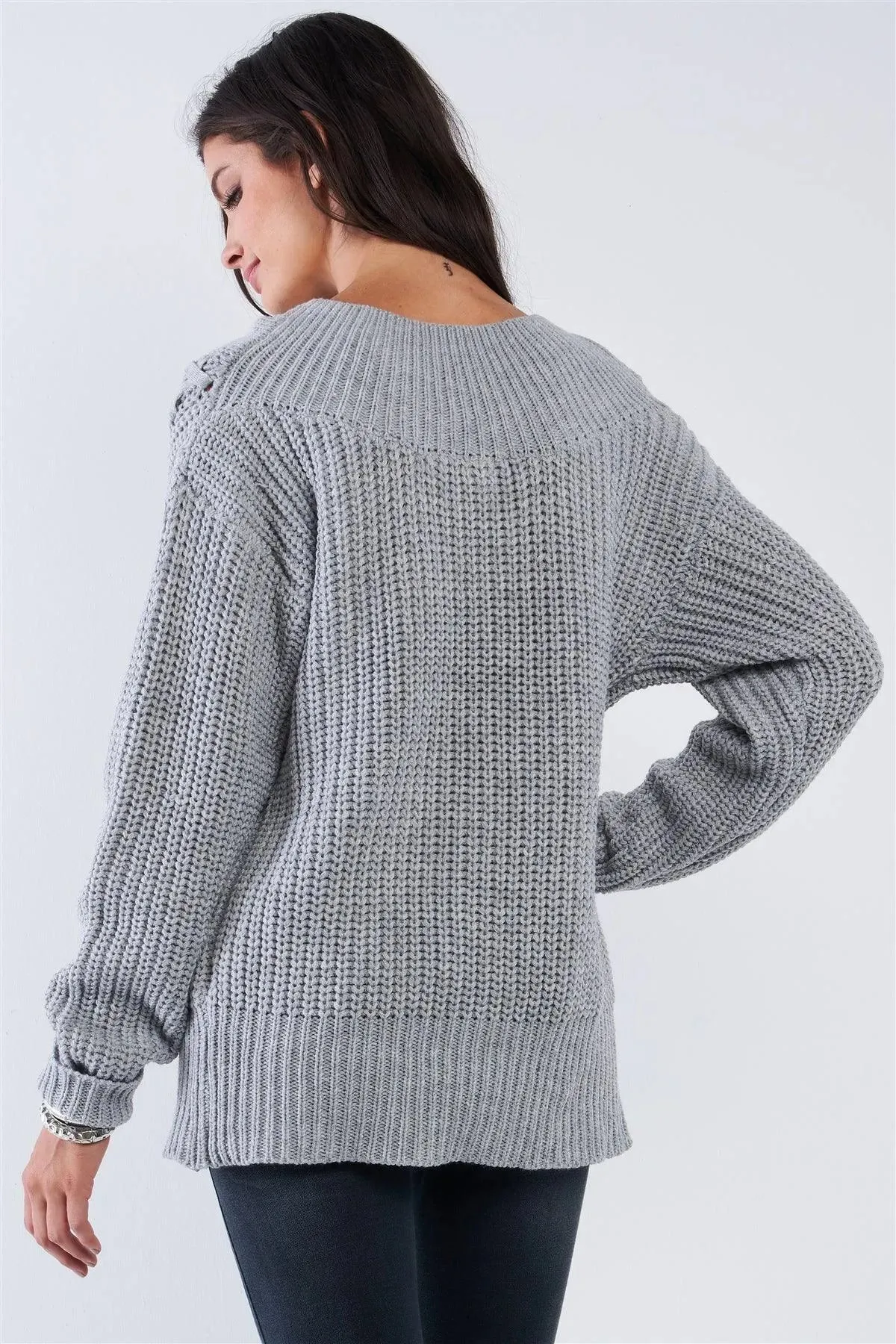 Light Grey Cable Knit Draw String Self Tie V-Neck Long Sleeve Oversized Sweater