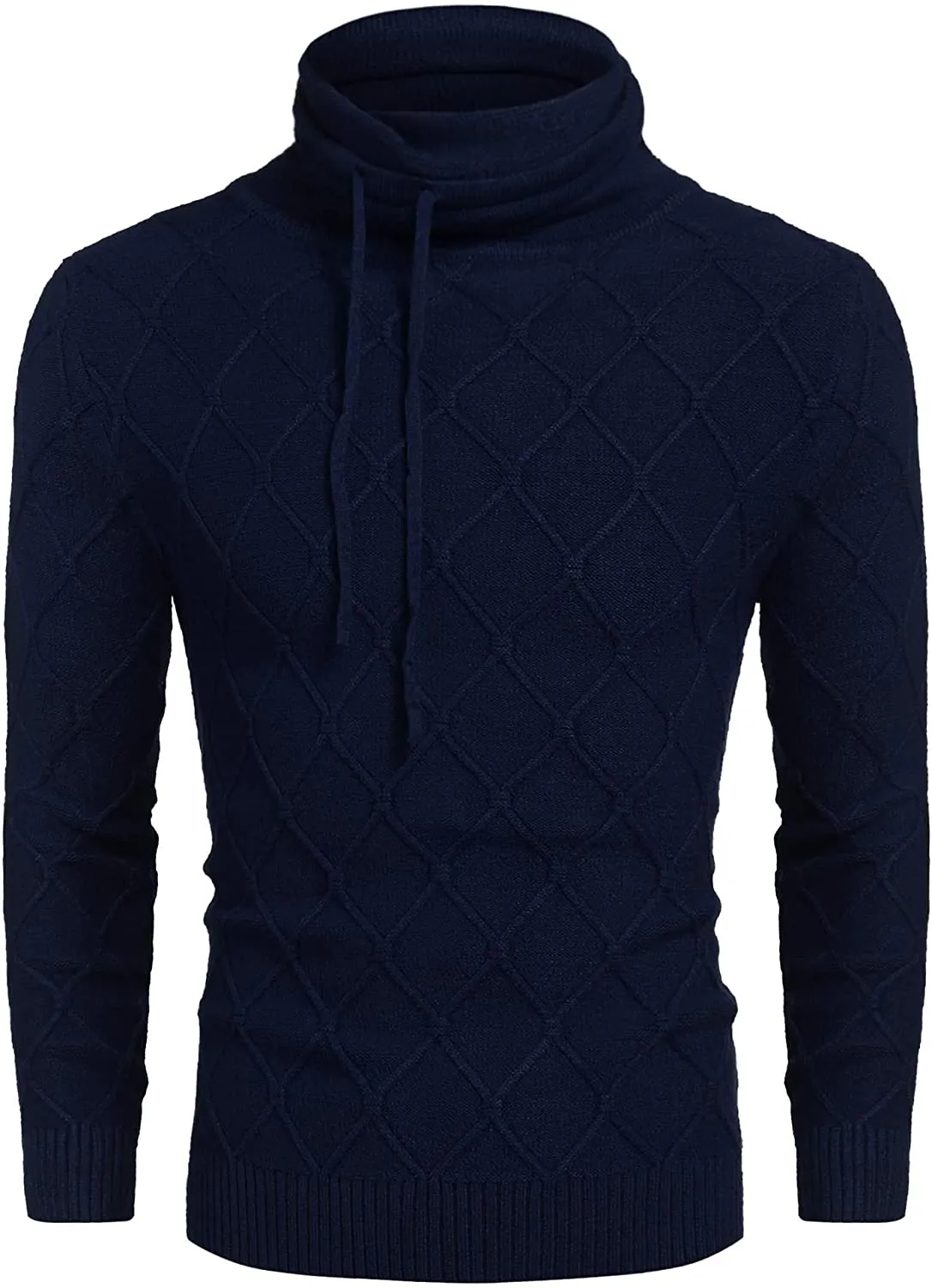 Men's Blue Knitted Diamond Pattern Sweater with Drawstrings