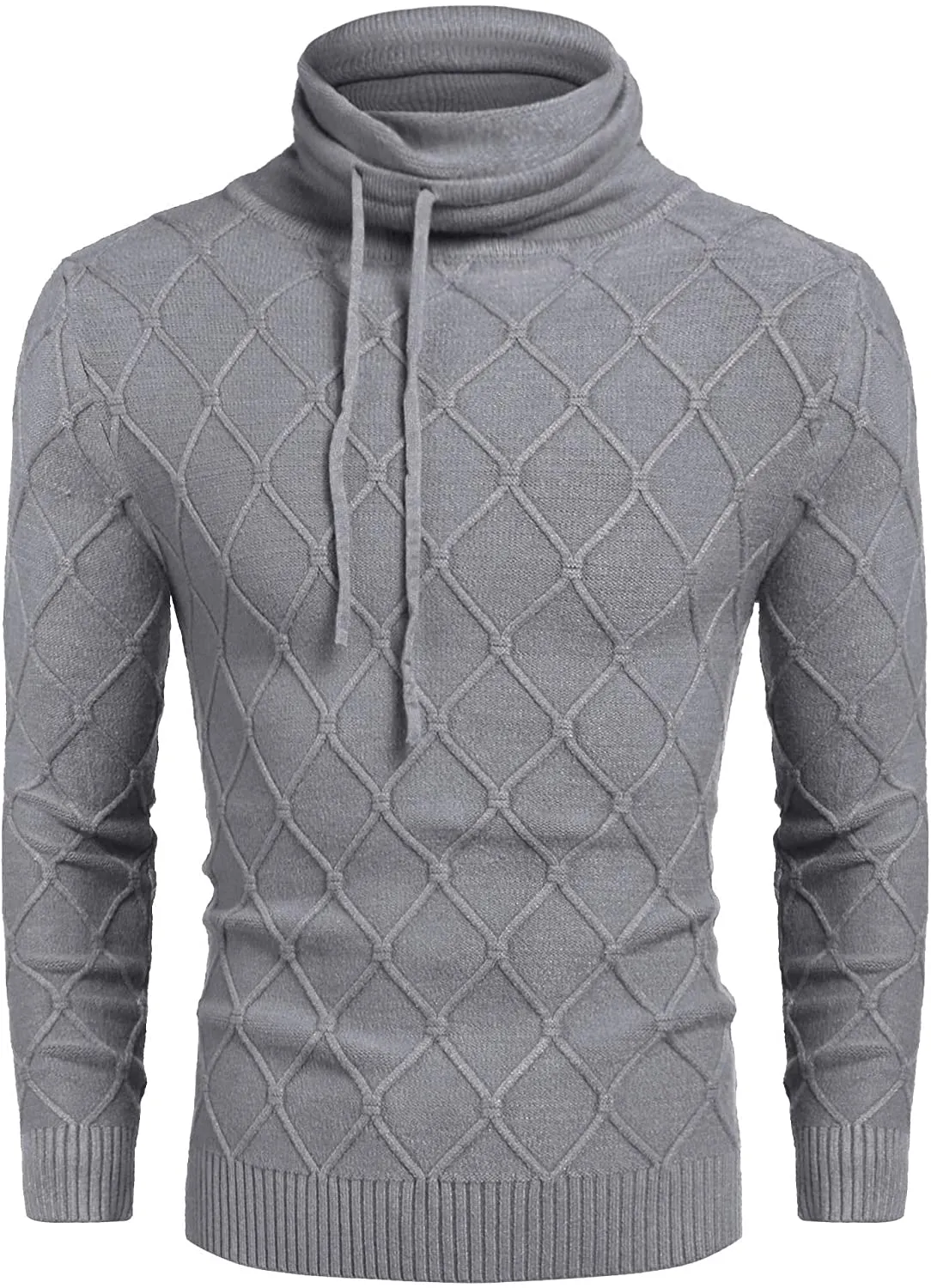 Men's Blue Knitted Diamond Pattern Sweater with Drawstrings