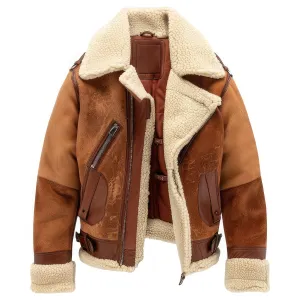 Men’s Brown Genuine Suede Shearling Lined Aviator Leather Jacket