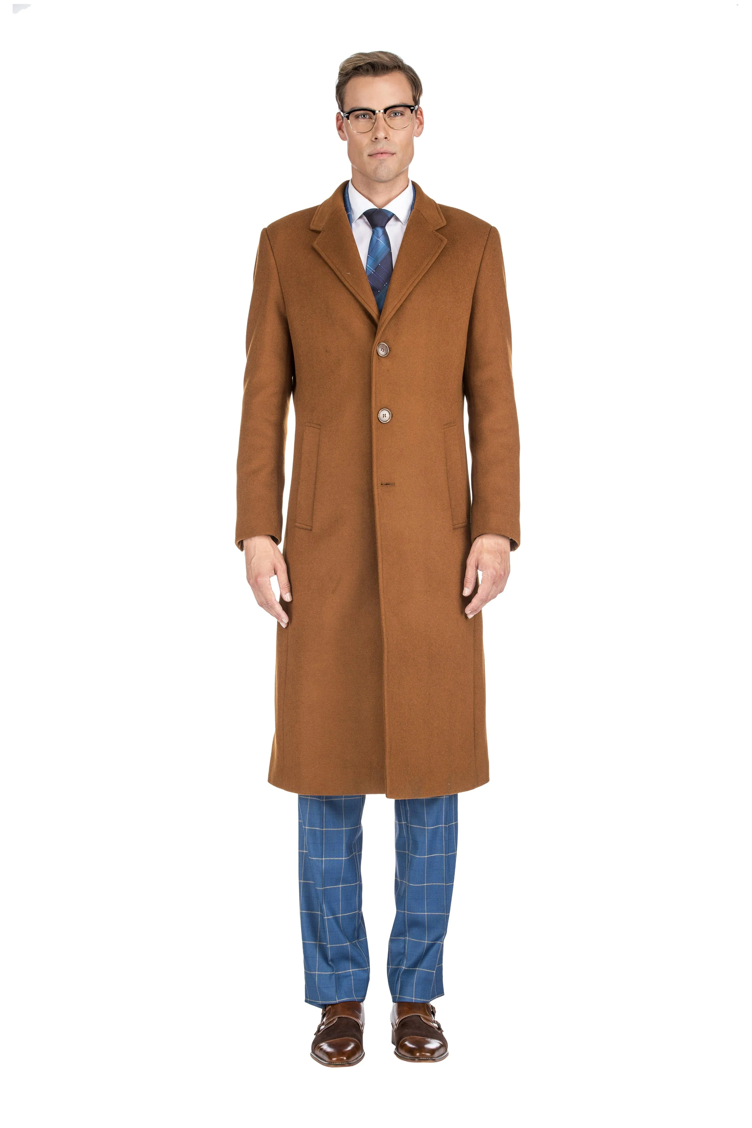 Men's Knee Length Wool Blend Three Button Long Jacket Overcoat Top Coat