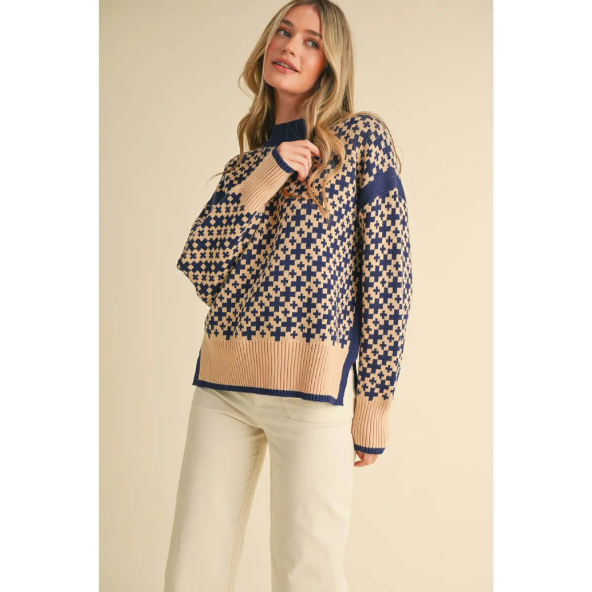 Mock Neck Geo Pattern Pullover Sweater