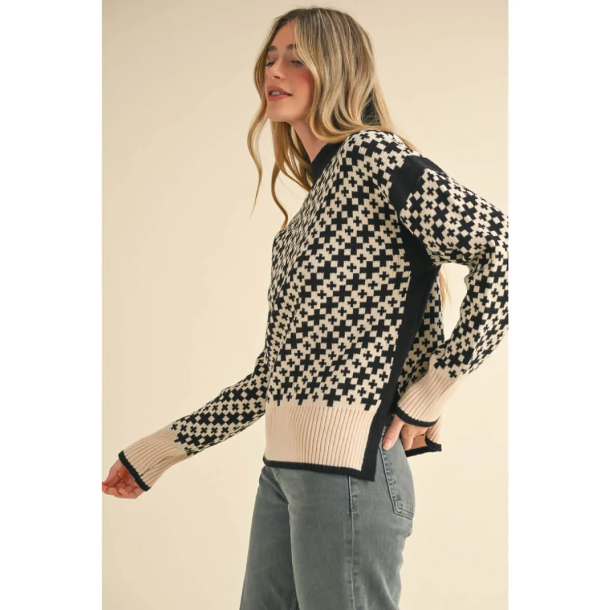 Mock Neck Geo Pattern Pullover Sweater