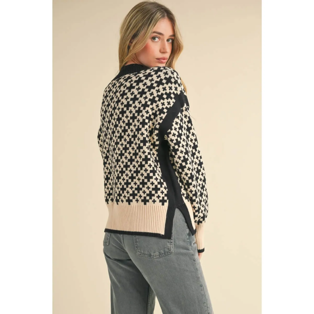 Mock Neck Geo Pattern Pullover Sweater