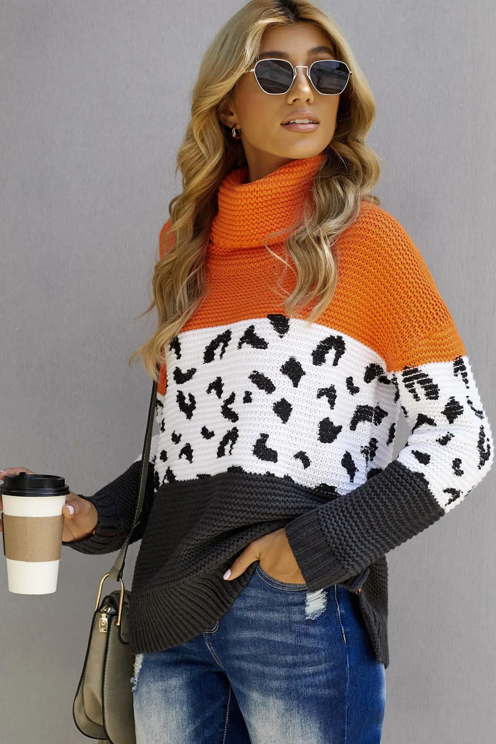 Orange Color Block Turtleneck Splicing Chunky Knit Pullover Sweater