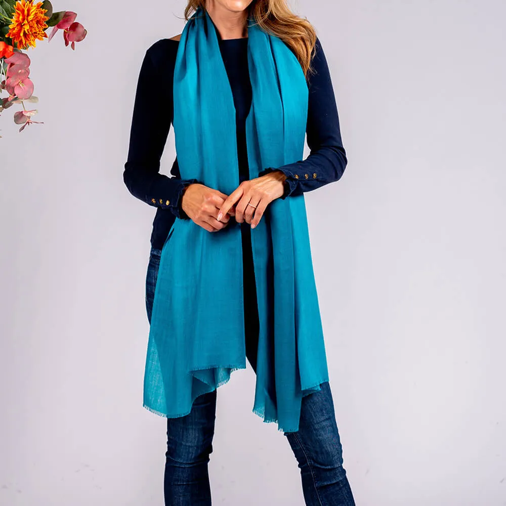 Peacock to Teal Shaded Cashmere and Silk Wrap