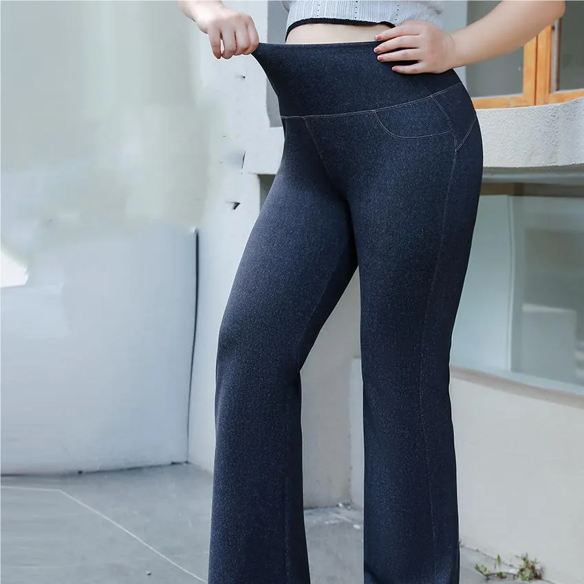 Plus Size High Waisted Butt Lifting Black Fleece Lined Flared Leggings