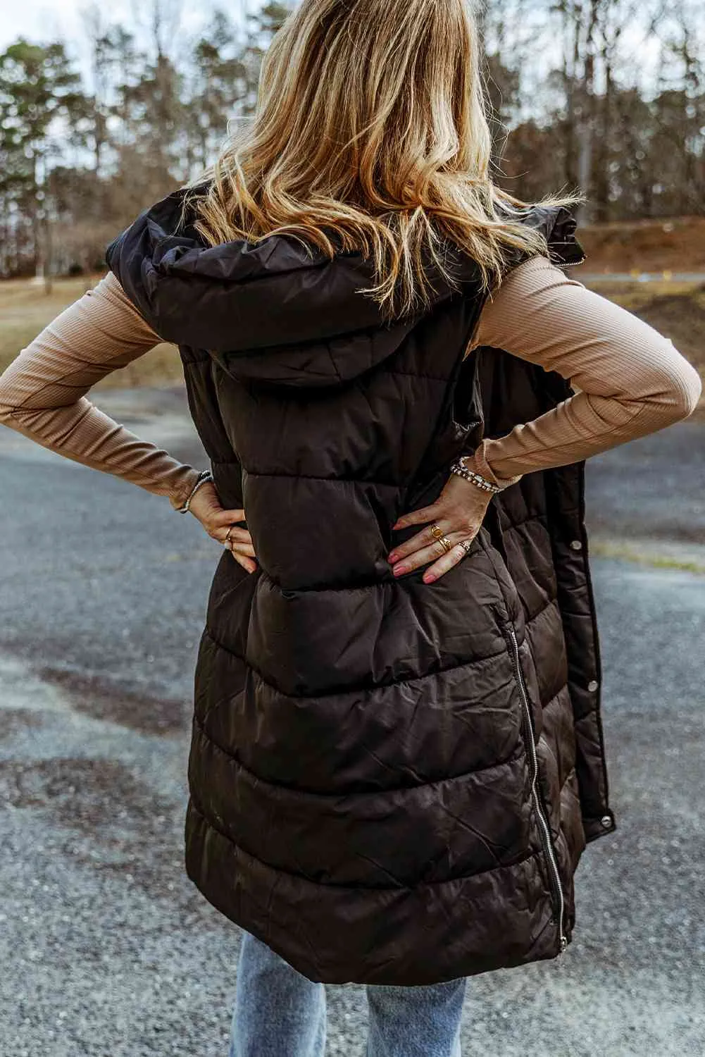 PRE-ORDER: Longline Hooded Sleeveless Puffer Vest