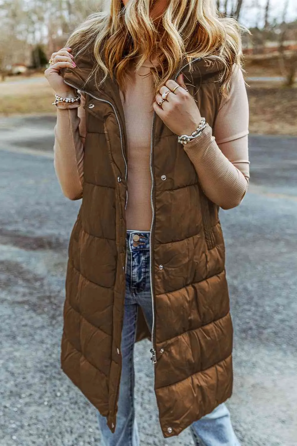 PRE-ORDER: Longline Hooded Sleeveless Puffer Vest