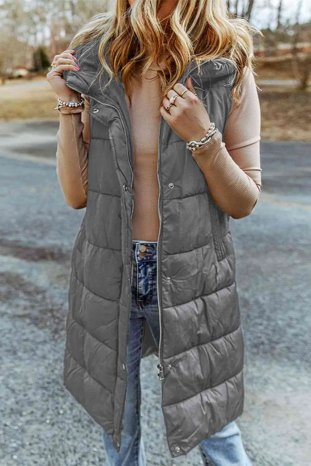 PRE-ORDER: Longline Hooded Sleeveless Puffer Vest