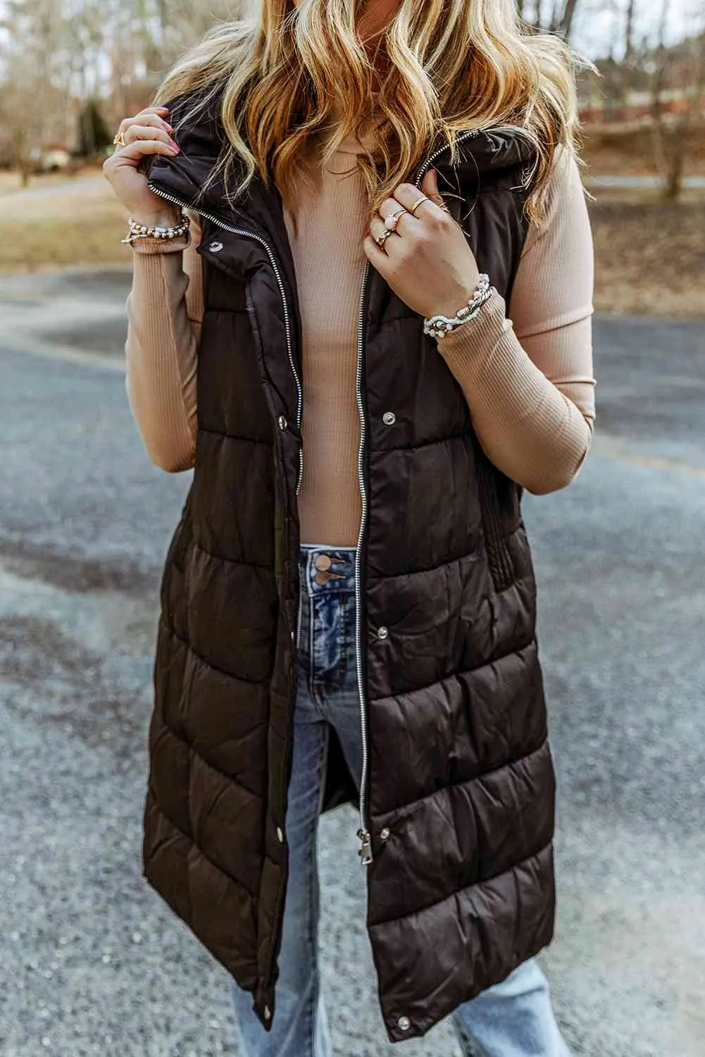 PRE-ORDER: Longline Hooded Sleeveless Puffer Vest