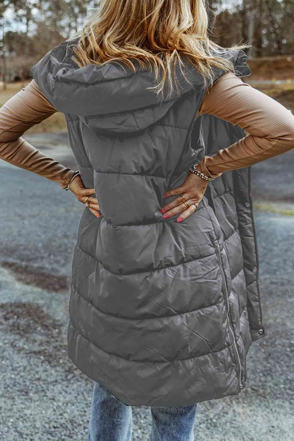 PRE-ORDER: Longline Hooded Sleeveless Puffer Vest