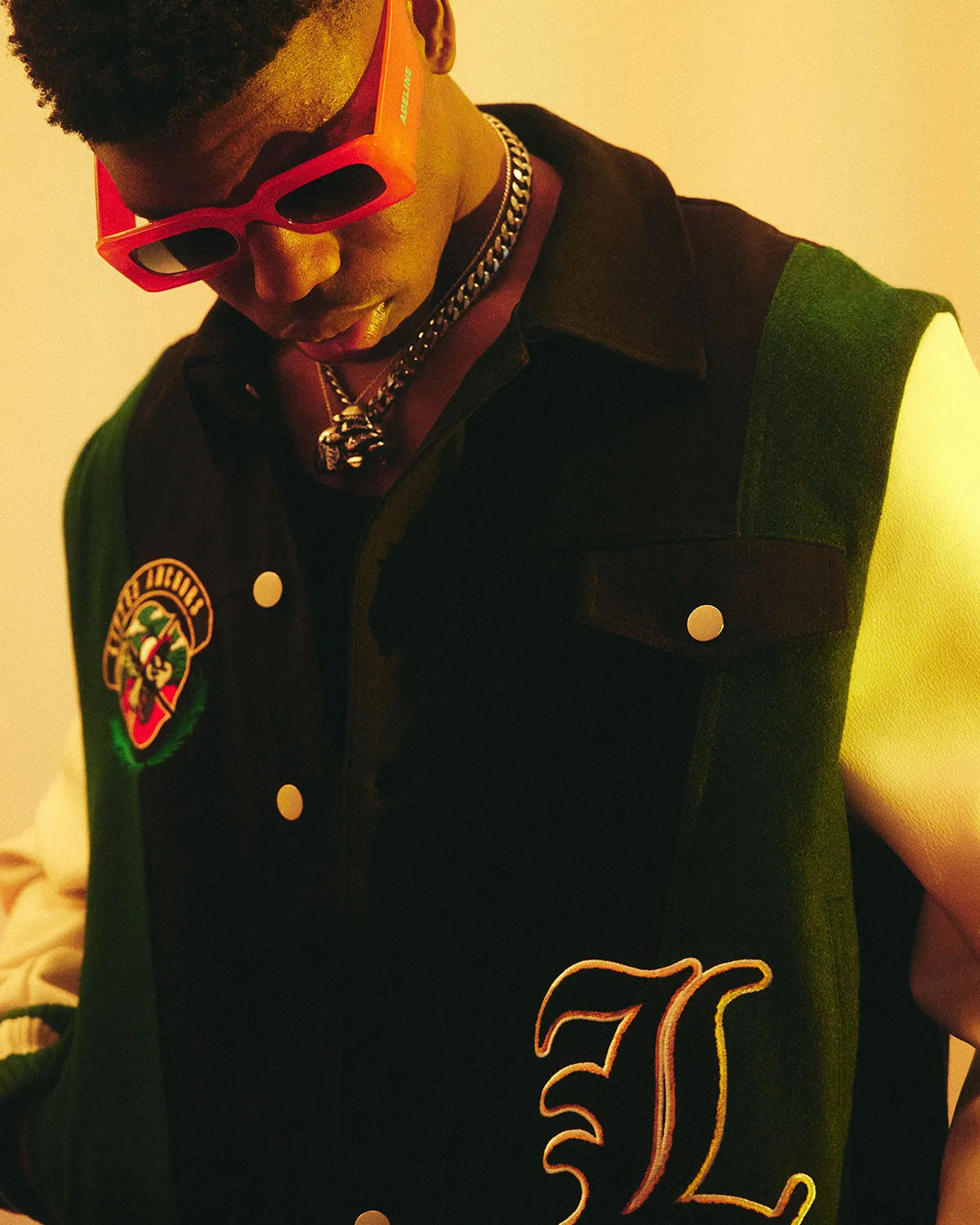 "Claridge" Letterman Jacket (Black Denim/Olive)