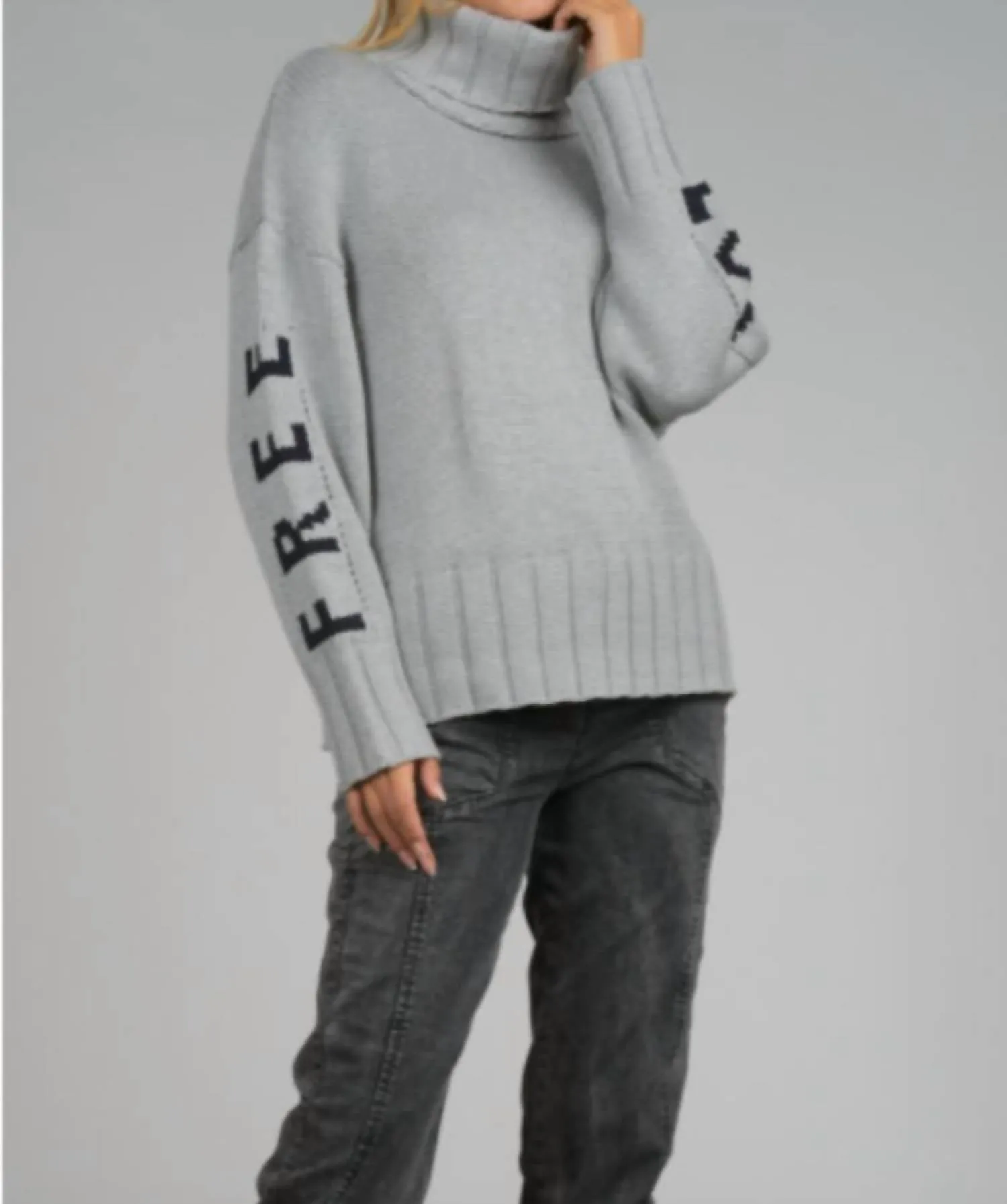 "free Love" Chunky Turtleneck Sweater In Grey