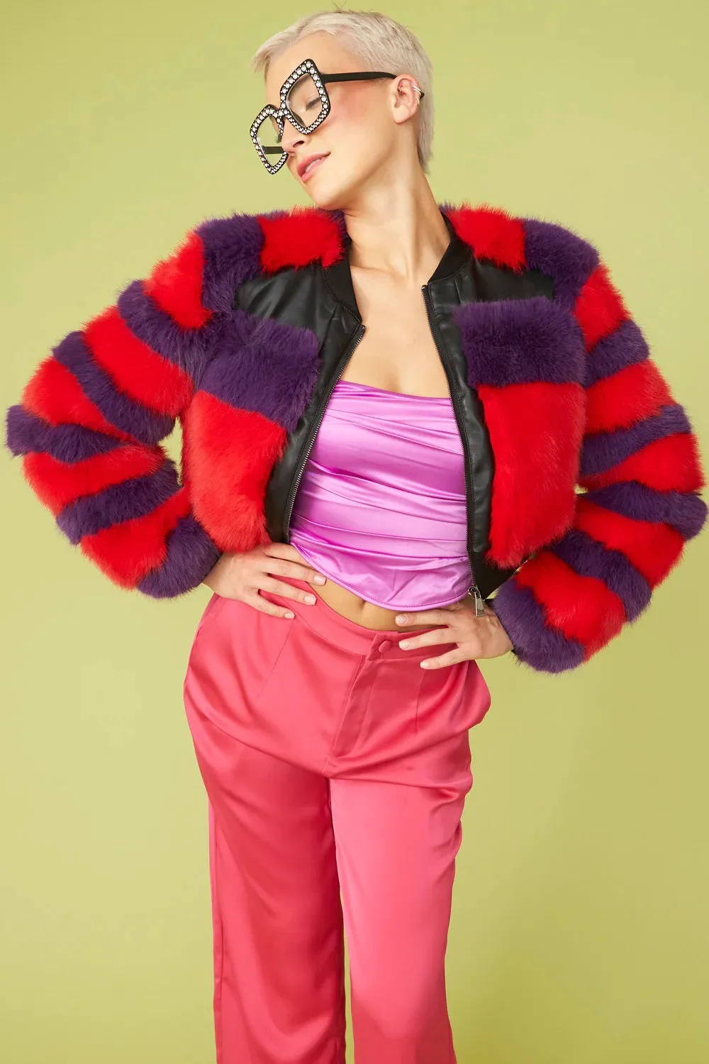 Red - Purple Faux Fur Stripe Bomber Jacket