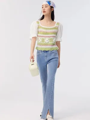 Soft Girl Floral Hollow Out Knitted Top