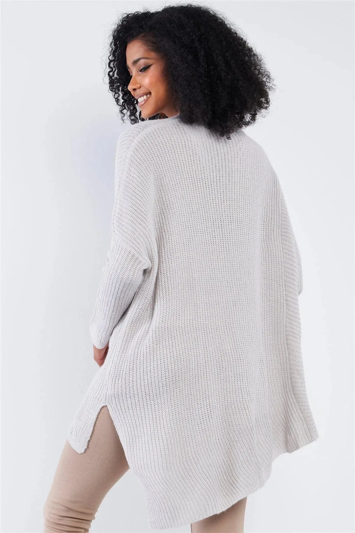 Soft Grey V-Neck Asymmetrical Oversized Long Sleeve Gold Zipper Sweater