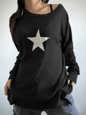 Star Print Long Sleeve Waffle Knit Top