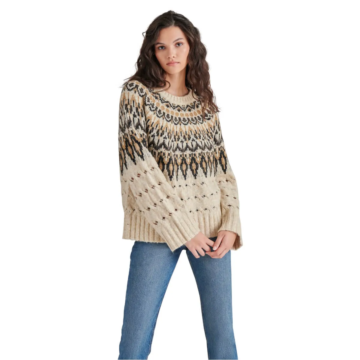 Steve Madden Suzette Cable Knit Fair Isle Sweater